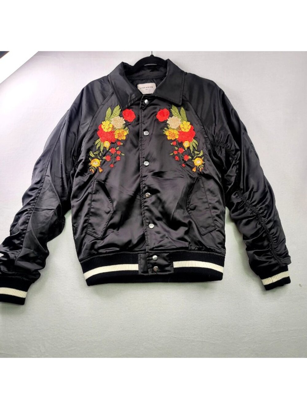 Lifted Anchors Floral Embroidered Bomber Jacket S Black Satin Streetwear Indie